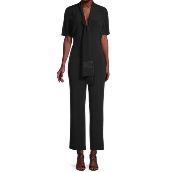 SANDRO Women’s Wide Leg Tuxedo Jumpsuit with Fringed Scarf Detail